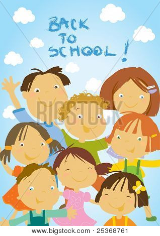 group of happy kids ready for school- vector illustration.