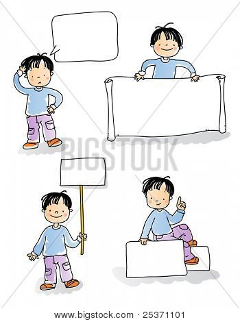 school kids holding blank sign,cartoon boy watercolor style series. grouped and layered for easy editing, see more images related