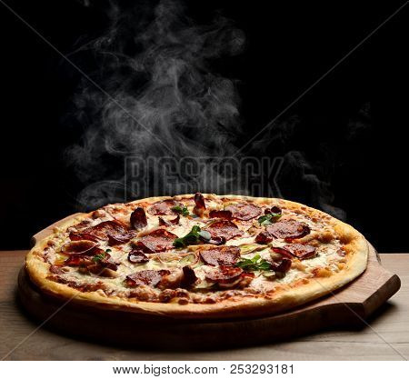 Hot Big Pepperoni Pizza Tasty Pizza Composition With Melting Cheese Bacon Tomatoes Ham Paprika Steam