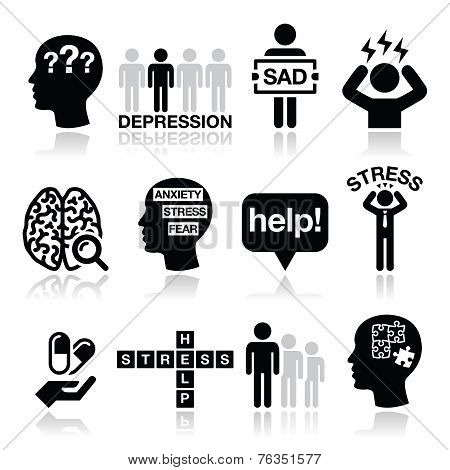 Depression, stress icons set - mental health concept