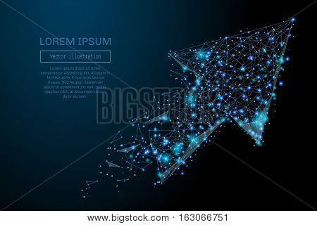 Abstract image of a arrow in the form of a starry sky or space, consisting of points, lines, and shapes in the form of planets, stars and the universe. Business arrow vector wireframe concept