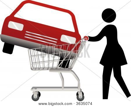 Woman Car Shopper Buying Auto Inside Shopping Cart