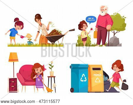 Well-behaved Children Icons Set With Kids Helping Parents In Garden And Home Isolated Vector Illustr