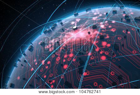 Alien Planet With Illuminated Network And Light Trails