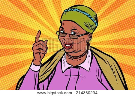 African elderly woman pointing finger up. Pop art retro vector illustration