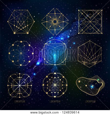 Sacred geometry forms on space background, shapes of lines, logo, sign, symbol. Geometric patterns. Geometry symbolic. Vector isolate geometry shapes.