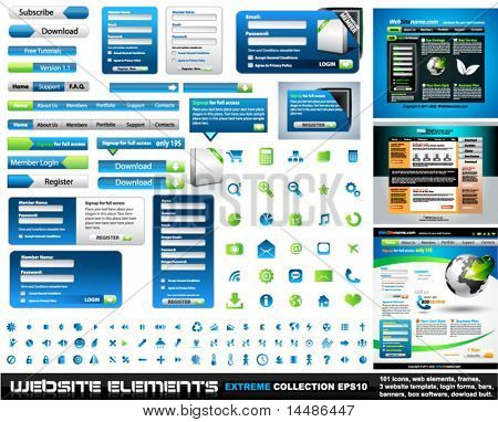 Web design elementer ekstreme samling - 3 webskabeloner, billeder, barer, 101 ikoner, bannes, login-formular