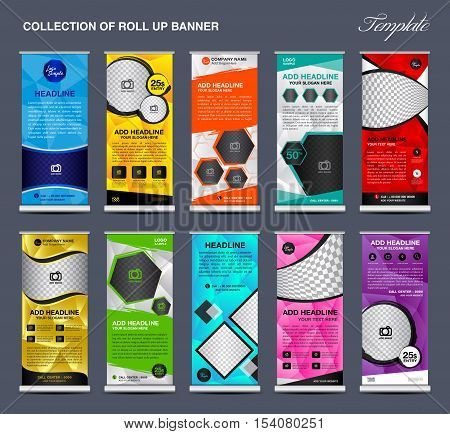 Collection of colorful Roll Up Banner Design stand template, polygon background, banner design, advertisement, display template, pull up banner, x-stand, flag-banner