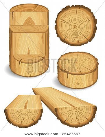 Set of wooden materials â Wood, Boards, Logs, and Objects with cross section of tree trunk. Vector illustration isolated on white background.