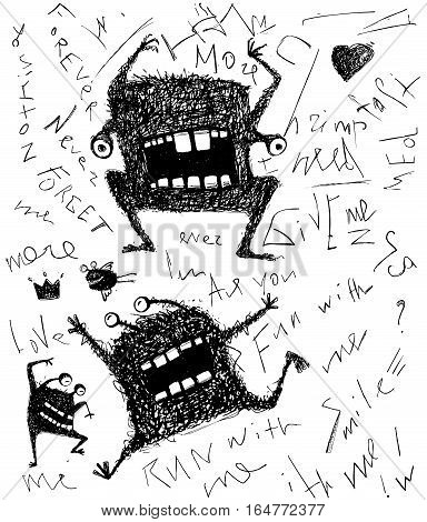 Black and white freaky modern creature with lettering scribble drawing. Vector illustration.