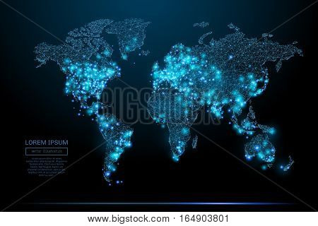 Abstract image of a world map in the form of a starry sky or space, consisting of points, lines, and shapes in the form of planets, stars and the universe. World vector wireframe concept.