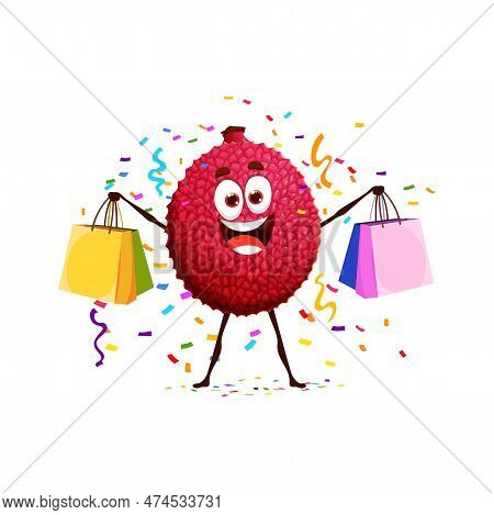 Cartoon Cute Lychee Fruit Character On Birthday, Anniversary Holiday Party. Holiday Sales Shopping F