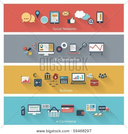 Set of modern concepts in flat design with long shadows and trendy colors for web, mobile applications, seo optimizations, business, social networks, e-commerce etc. Vector eps10 illustration