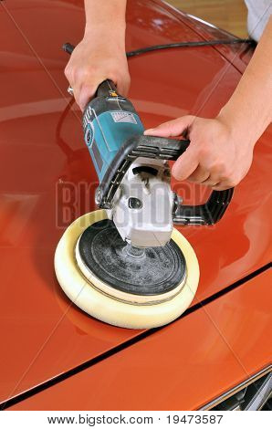 Car care with power buffer machine at service station - a series of CAR CARE images.