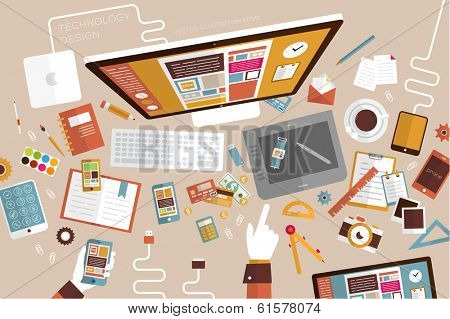 Set of Flat Design Icons. Mobile Phones, Tablet PC, Marketing Technologies, Mobile Apps, Email, Video Services and Money Management. Concept Icons for Web Site Design. Digital Art and Gadgets.