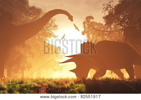 Dinosaurs in Prehistoric Jungle in the Sunset Sunrise