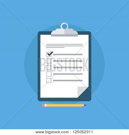 Survey vector icon. Survey clipboard. Checklist and pencil. Survey form. Survey results. Report board. Clipboard. Vector illustration.