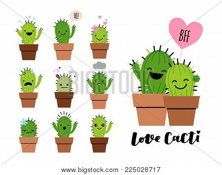 Set of emoji icons with cute cactuses in brown flower pots. Cartoon style emotion stickers or patches or pins on white isolated background.