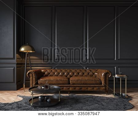 Modern Classic Black Interior With Capitone Brown Leather Chester Sofa, Floor Lamp, Coffee Table, Ca