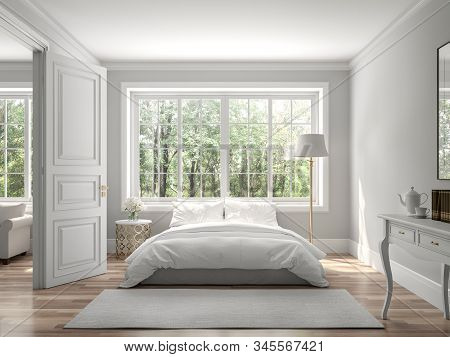 Classical Bedroom And Living Room 3d Render,the Rooms Have Wooden Floors And Gray Walls ,decorate Wi