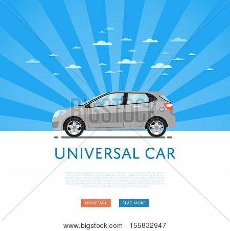 City car isolated on rays background. Vector hatchback car. Vehicles cartoon car isolated. Hatchback car side view isolated. Urban car or family car cartoon style. Modern car model. Hatchback car icon. For car rental service or car sale poster. Car ad.