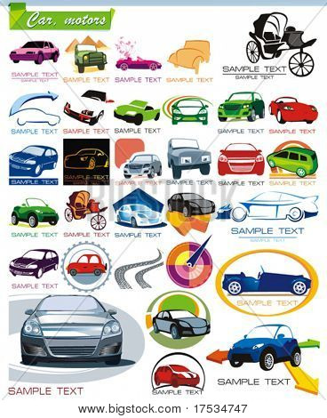 COLLECTION_7 Exclusive Series of Auto, Motors and Car Icon Set for design, vector illustration. Glossy symbols for Web. Set abstract color element corporate templates. Just place your company name.