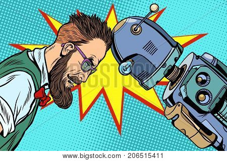 Robot vs human, humanity and technology. Pop art retro vector vintage illustrations