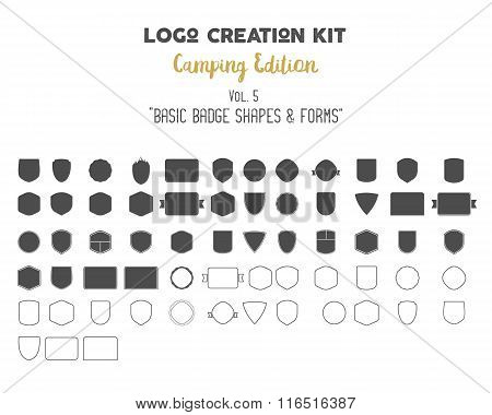 Logo creation kit bundle. Camping Edition set. Basic badge shapes, vector forms, symbols and element