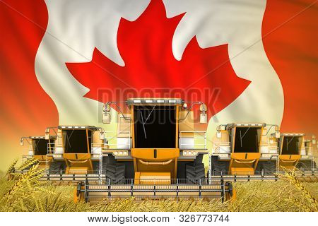 Many Yellow Farming Combine Harvesters On Farm Field With Canada Flag Background - Front View, Stop 