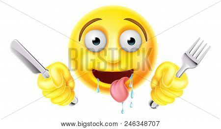 Very Hungry Starving Emoticon Emoji Smiley Face Character Drooling And Holding A Knife And Fork