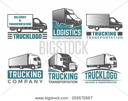 Truck Logo. Business Symbols Emblems Of Transportation Or Logistics Company With Illustrations Of Va