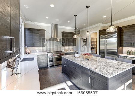 Modern Gray Kitchen Features Dark Gray Flat Front Cabinets