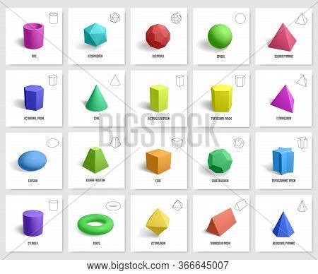 Realistic 3d Geometric Shapes. Basic Geometry Prism, Cube, Cylinder Figures, Geometric Polygon And H