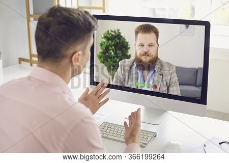 Online Work Training Education Video Chat Call Webcam Conference. Male Coach Says Business Course Vi