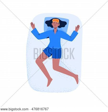 A Woman Sleeps In A Back Pose With Arms Up. Top View Of Night Sleeping Position. Vector Illustration