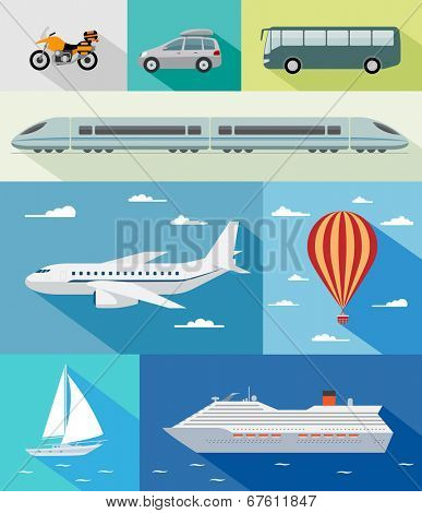 Various types of transport: car, bus, train, airoplane, air baloon, sailing boat, ship with long shadow effect. Vector set of different means of transportation.