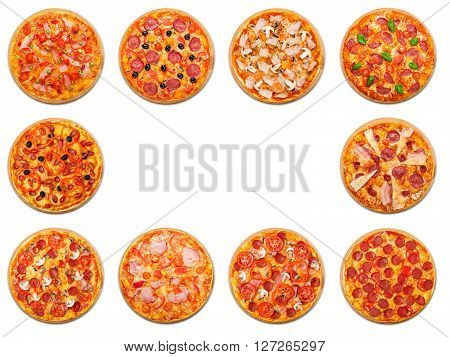 Ten different pizza set for menu. Italian food traditional cuisine. Meat pizzas with mozarella, salami, sausages, pepperoni and ham. Collage of pizzas with empty space, copyspace in the middle.