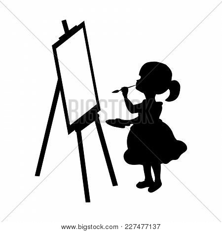 Silhouette Girl Artist Paints On Canvas. Vector Illustration