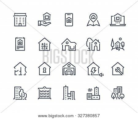 House Line Icons. Town Houses City Buildings And Constructions, Homepage Browser Interface Icons. Ve