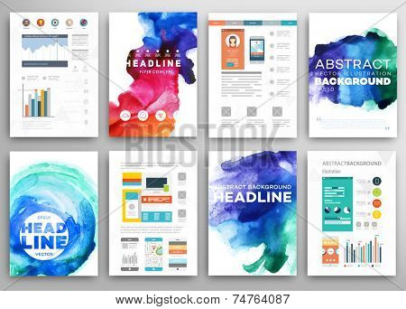 Set of Vector Poster Templates with Watercolor Paint Splash. Abstract Background for Business Documents, Flyers and Placards.