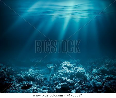 Sea deep or ocean underwater with coral reef as a background