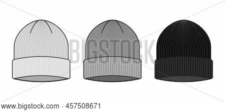 Beanie Template. Wool Beani Cap Isolated, Snow Beanies Hat Layout, Vector Winter Knitted Hats Garmen