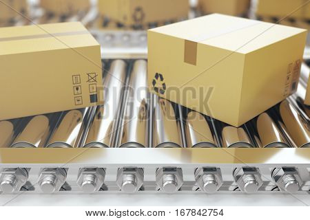 Packages delivery, packaging service and parcels transportation system concept, cardboard boxes on conveyor belt. 3d rendering