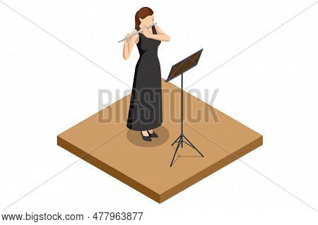 Isometric Woman Plays The Flute. Flute Woodwind Orchestral Instrument