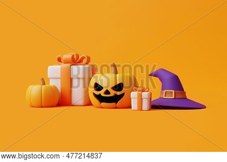 Cartoon Gift Boxes With Halloween Jack-o-lantern Pumpkins Wearing Witch Hat On Orange Background. Ha