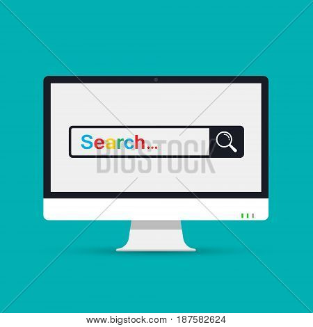 Search page on computer screen color illustration. Search in web browser. Search bar. Vector illustration.