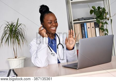 African Female Doctor Talk With Patient Make Telemedicine Online Webcam Video Call. Black Woman Ther