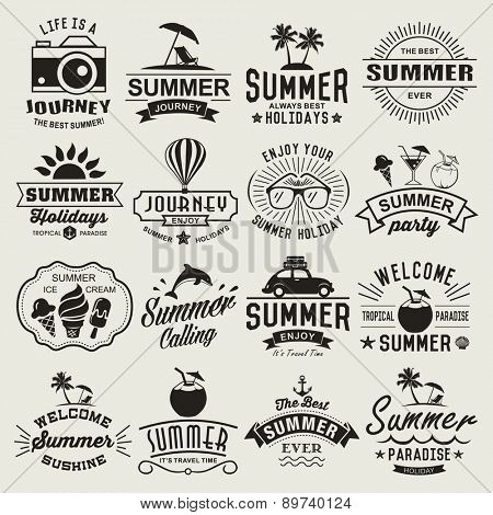 Summer logotypes set. Summer typography designs. Vintage design elements, logos, labels, icons, objects and calligraphic designs. Summer holidays.