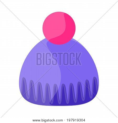 Woolen winter knitted sport hat, beanie with pompon, flat style vector illustration isolated on white background. Flat vector knitted beanie hat with big pompon, bob