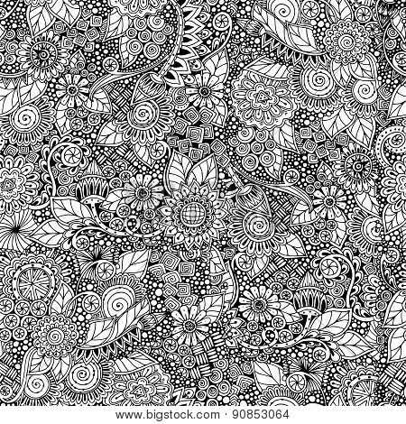 Seamless  floral retro doodle black and white pattern in vector.